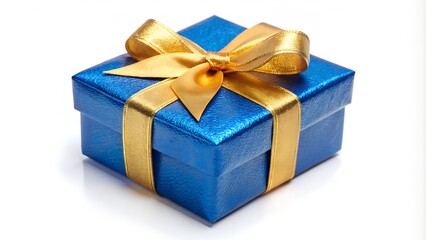Fototapeta premium A blue gift box wrapped in a shiny gold ribbon, isolated on a white background.