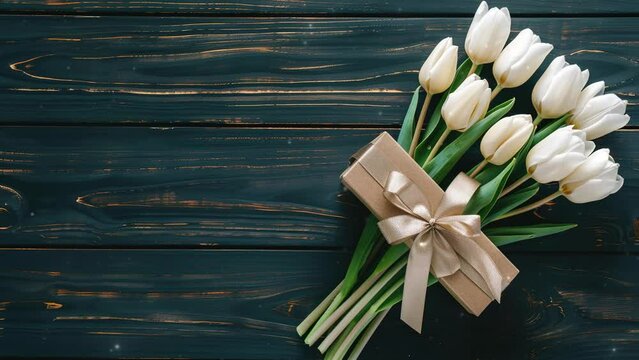 Photo of White tulips with gift box. Greeting card design template for Mother's Day or Valentine's day. 4K Videos