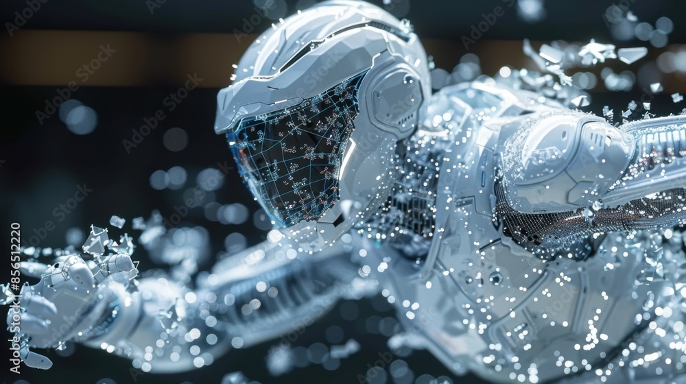 Poster a digital character performing complex movements, driven by motion capture data. the image showcases