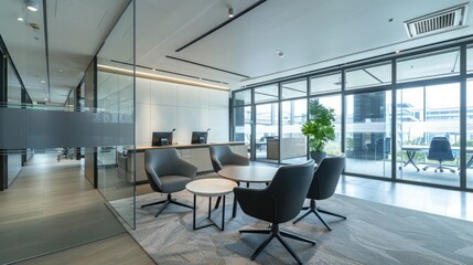 Interior of modern office with white walls, concrete floor, rows of computer tables with black chairs and horizontal mock up poster