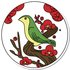 ステッカー風の円形花札　鶯　如月　梅　2月　梅に鶯