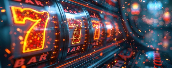 Animated image of a slot machine display with the symbols BAR and 7, emitting a bright neon glow in a dark setting.