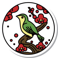 ステッカー風の円形シンプル花札　鶯　如月　梅　2月　梅に鶯