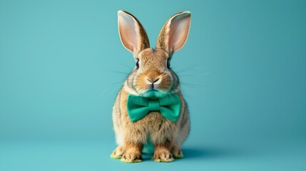 Obraz premium Surreal of Office Worker Rabbit Wearing Green Bow Tie on Blue Background