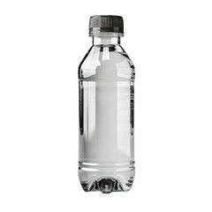 Clear plastic water bottle with black cap, isolated on white background.