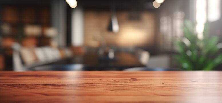 Polished wooden table top in sharp focus, with a soft-focused busy office environment in the background, ideal for professional product showcases