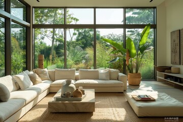 Fototapeta premium Sunlit Living Room with Garden Oasis, Spacious Living Room with Garden View