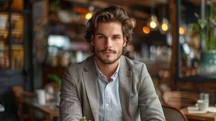 Fototapeta premium A man with a smart-casual look is seen in a cafe. He is dressed in a tailored blazer, a casual shirt, and chinos. His hair is neatly styled, and he has a well-groomed beard. The cozy cafe environment