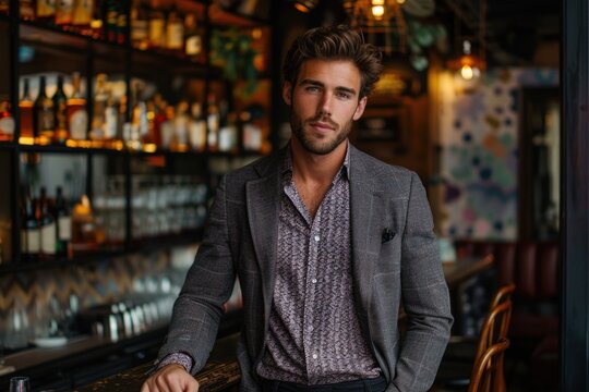A stylish man enjoys a night out in a trendy bar. He wears a slim-fit blazer, a patterned shirt, and dark chinos. His hair is styled in a modern quiff, and his skin looks radiant, thanks to his