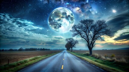 Country Road at Night with Large Moon. Perfect for: night landscape photography, fantasy themes, Halloween imagery, moonlit road, fantasy night scene, Halloween-themed backgrounds.