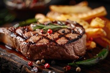 Delicious grilled steak served with potato wedges on a wooden board, garnished with herbs and peppercorns for a mouth-watering presentation.