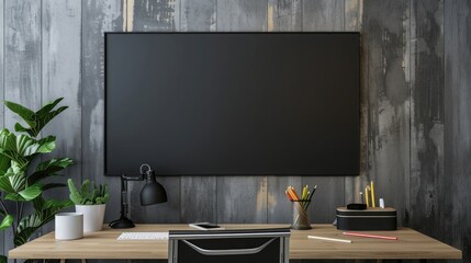 Modern workplace with blank blackboard, stationery and decorations on wooden table