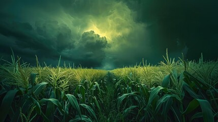 Naklejka premium Dramatic view of a cornfield with an ominous sky and ethereal light piercing through storm clouds, creating a surreal atmosphere.