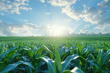 Obraz premium Beautiful sunrise over a lush green farm field with corn crops stretching to the horizon under a cloudy blue sky.