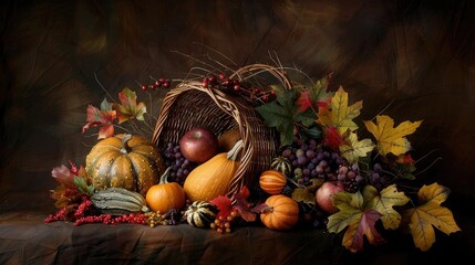 A rustic autumn still life with pumpkins, gourds, and vibrant leaves arranged in and around a cornucopia basket.