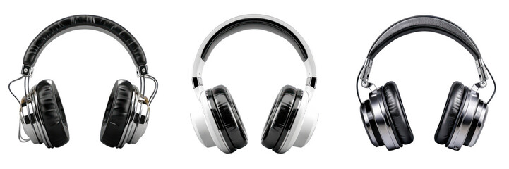Three different color headphones on a black background.