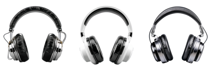Three different color headphones on a black background.