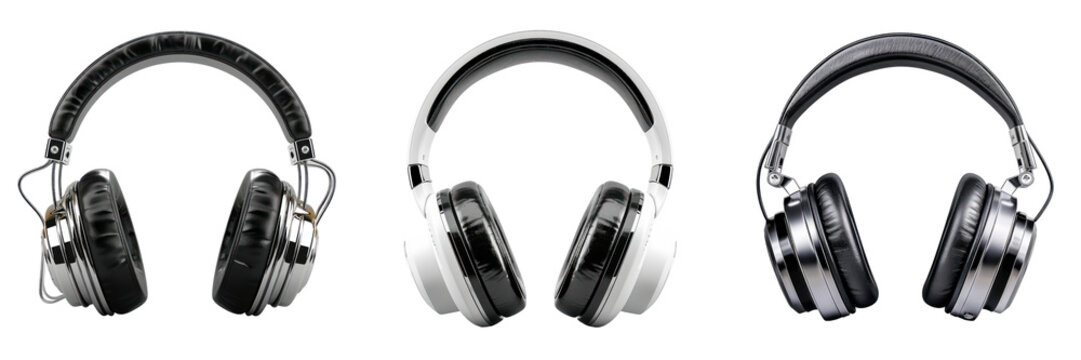 Three different color headphones on a black background.