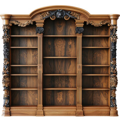 Ornate wooden bookshelf with intricate carvings and multiple shelves.