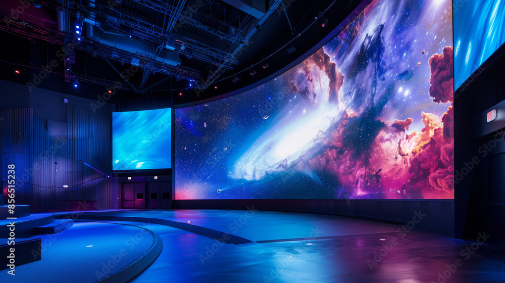 Poster an empty stage illuminated by blue lights in a science center with a large curved screen displaying 