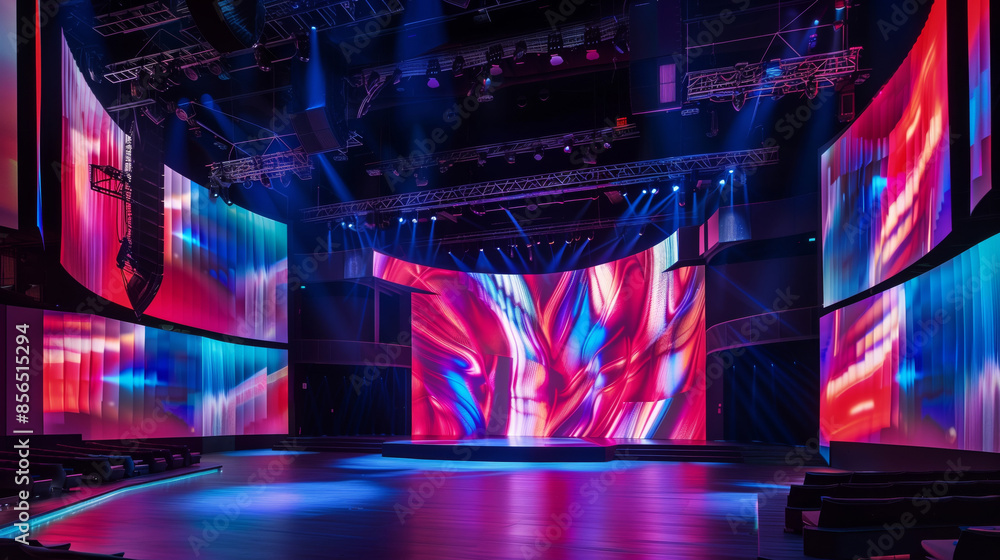 Poster an empty stage with a modern, sleek design featuring large, curved led screens showcasing abstract p