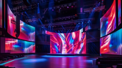An empty stage with a modern, sleek design featuring large, curved LED screens showcasing abstract patterns and colorful lighting effects