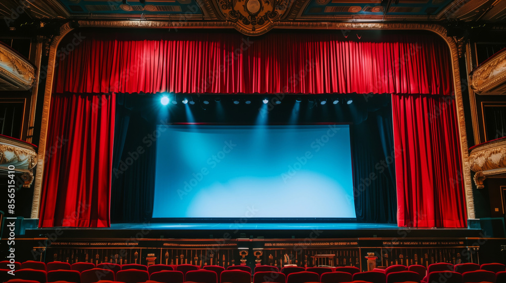 Poster a wide view of an empty theater stage with red curtains drawn back, revealing a blank screen with sp