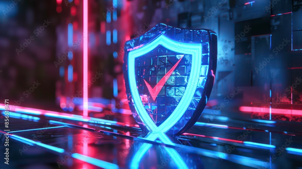 Poster 3d rendering blue and red glowing shield with check marks on futuristic blue background. generative 