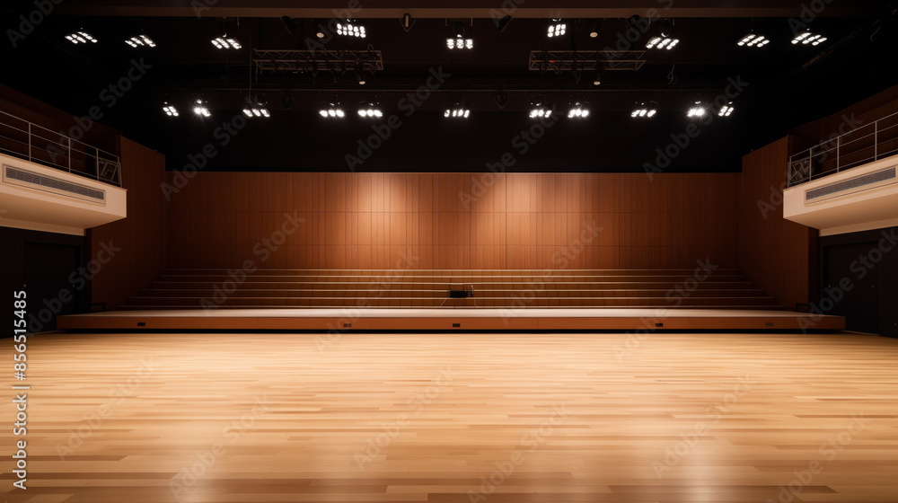 Poster an empty stage with polished wooden floors in soodap auditorium, ready for a performance or event