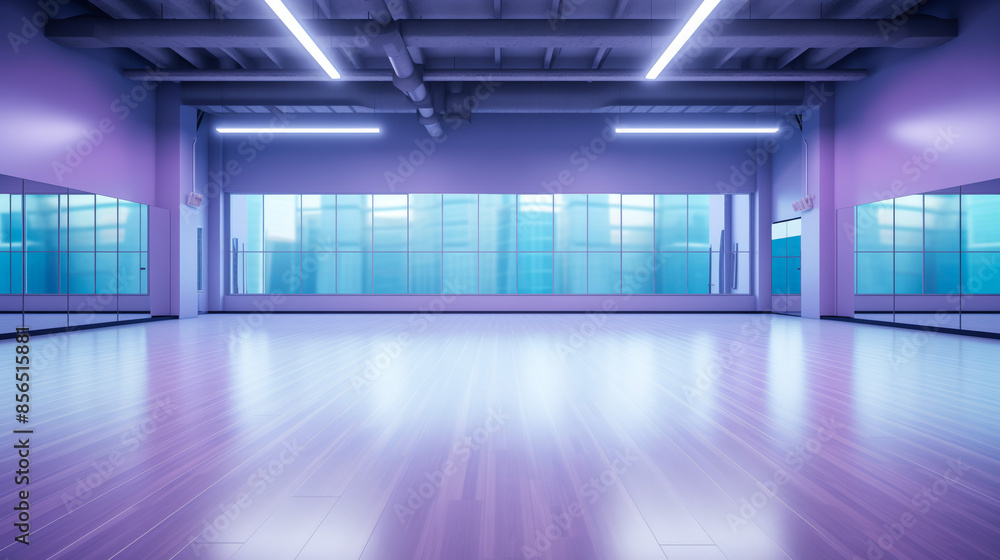 Poster an empty dance studio with large windows and mirrors. the floor is made of wood and the walls are a 