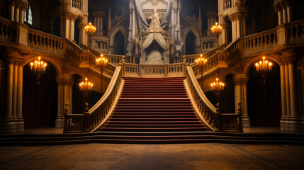 A wide shot of an empty palace stage featuring a grand staircase with red carpet, elaborate chandeliers, and ornate columns