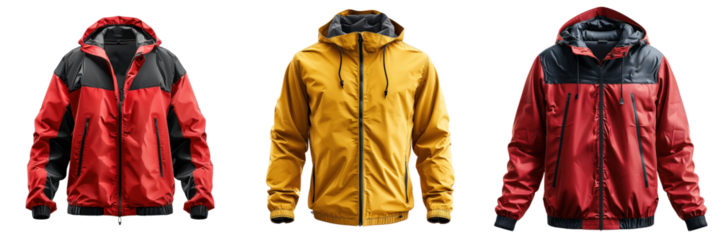 Hooded jackets in red, yellow, and blue.