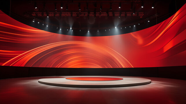 An empty stage with a modern sleek design featuring a large LED screen with a red curved abstract design. A circular platform sits in the center of the stage, illuminated by spotlights