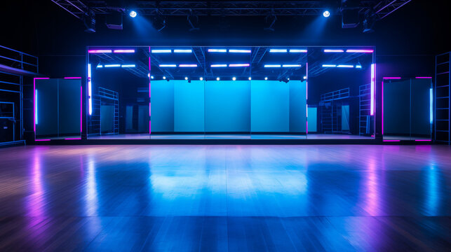 An empty dance studio stage with neon lights and large mirrors