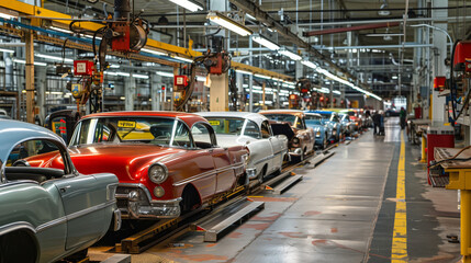 Naklejka premium A row of classic cars are lined up on an assembly line in a historic automotive factory