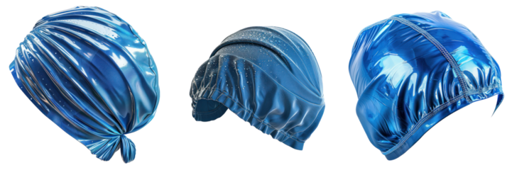 Blue, textured fabric head coverings, viewed from different angles.