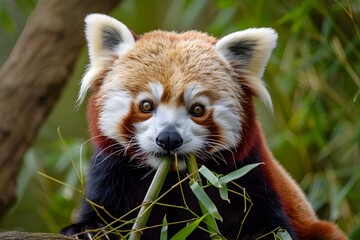 A curious red panda munching on bamboo shoots in a serene forest setting