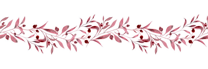Monochrome burgundy twigs with leaves and berries. Seamless border pattern isolated on white background. Hand drawn watercolor illustration. For design, invitations, cards, decoration