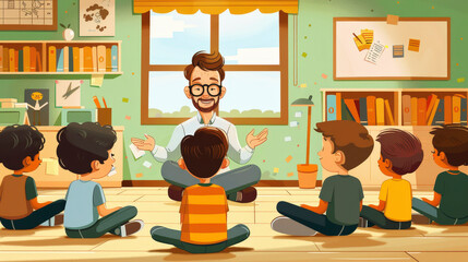 Role model : A teacher sits cross-legged, engaging a group of attentive children in a lively storytelling session in a cozy classroom full of books and educational decor.