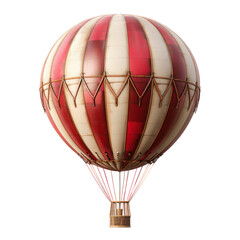 A vintage red and white hot air balloon isolated on a black background.  The balloon is depicted in a classic style, with a wicker basket.