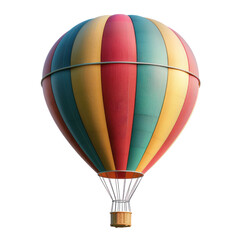 Fototapeta premium A colorful hot air balloon isolated on a black background. The balloon is red, yellow, and green. It is a 3D rendering of a hot air balloon.