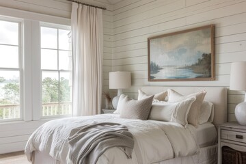 Empty Frame on Shiplap Wall in Coastal Bedroom