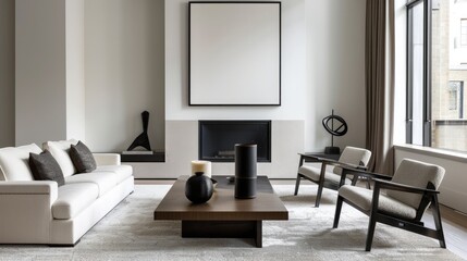 Black Frame with White Mat Above Minimalist Mantel