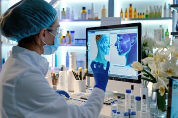 Female Caucasian cosmetologist analyzing a digital 3D model of a face in a high-tech lab with skincare products on display.
