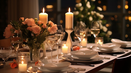 Beautifully set dining table with elegant dinnerware, candles, and a bouquet of fresh flowers, ready for a fancy dinner party