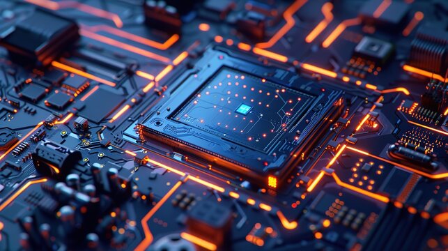 Isam Microprocessor Chip Inspired by Unreal Engine 5: Light Blue and Deep Blue, Sharp Contrasts, Rigorous Lines and Shapes, Dynamic Energy Flow