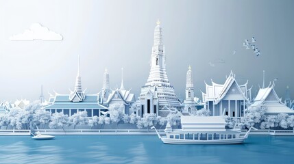 Fototapeta premium 3D art paper wallpaper Bangkok, Grand Palace, Wat Arun, Thailand landmark, beautiful colors