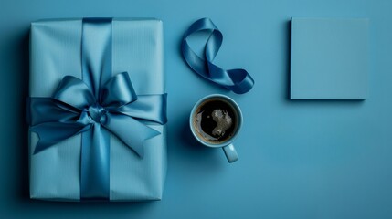 Sleek Gift Presentation: Top View of a Blue-Wrapped Gift Package with Matching Accessories on a Unified Blue Background