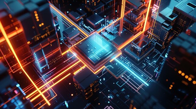 Isam Microprocessor Chip Inspired by Unreal Engine 5: Light Blue and Deep Blue, Sharp Contrasts, Rigorous Lines and Shapes, Dynamic Energy Flow