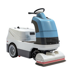 A blue and white industrial floor scrubber with a brush and wheels.